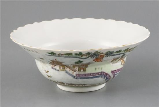 A Chinese famille rose landscape bowl, Daoguang four character seal mark and probably of the period, H.7cm diameter 18.5cm